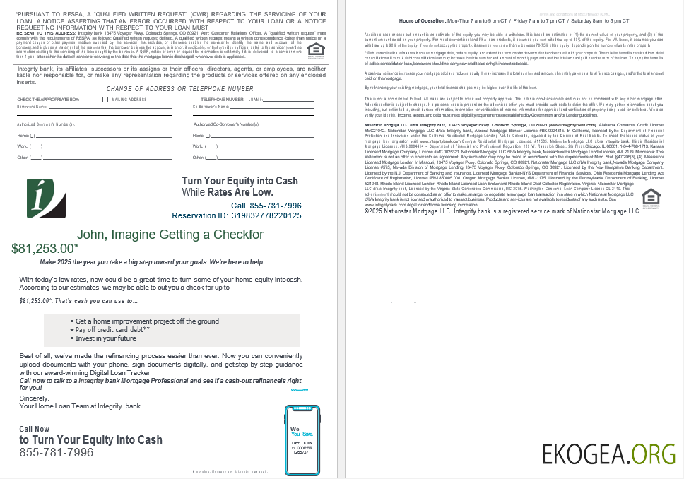 Relevé de prêt hypothécaire de la USA Integrity Bank aux formats Word et PDF, 4 pages 3, 4